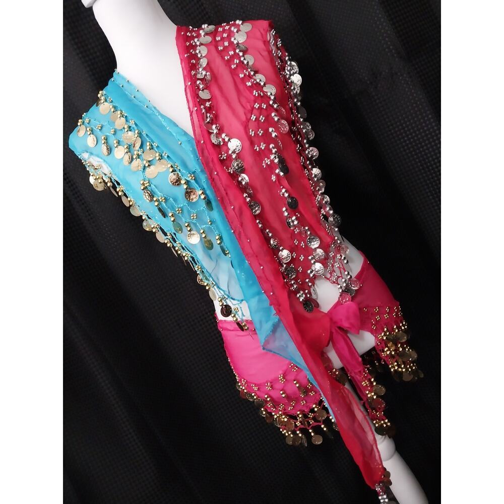 BELLY DANCER! 3 DIFFERENT COIN SCARVES, HIP WRAPS! AQUA BLUE, RED, HOT PINK, 3!